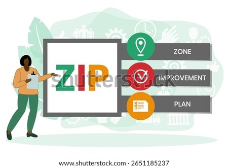 ZIP - Zone Improvement Plan the acronym to indicate that mail travels more quickly when senders mark the postal code on their packages and envelopes, text concept background