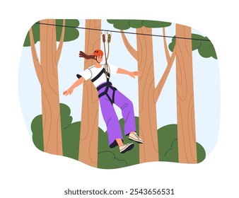 Passeio Zipline, aventura no parque florestal high ropes. Mulher planando em tirolesa, suspensa com arnês. Recreação ao ar livre, atividade entre árvores. Ilustração de vetor plano isolada no plano de fundo branco