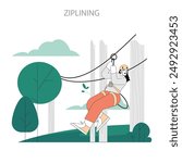 Ziplining concept. Adventurous person slides down a cable amidst a serene forest setting, showcasing outdoor fun. Vector illustration.