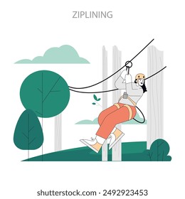 Ziplining concept. Adventurous person slides down a cable amidst a serene forest setting, showcasing outdoor fun. Vector illustration.