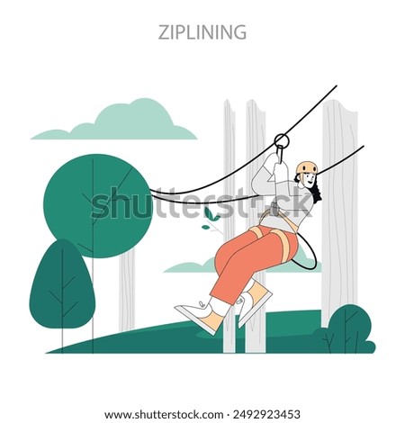 Ziplining concept. Adventurous person slides down a cable amidst a serene forest setting, showcasing outdoor fun. Vector illustration.