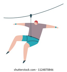 Ziplining Outdoor Sports Illustration. Vector Cartoon Flat Character Of Man Descending On A Rope Isolated On A White Background.