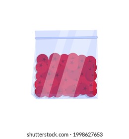 Zip-lock bag, lingonberry inside. Plastic zip bag. Concept: storage and freezing of berries, viburnum, lingonberry. Vector illustration, flat cartoon design isolated on white background, eps 10.