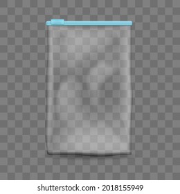 Planilla aislada de la bolsa de celofán Ziplock. Recipiente transparente vacío con cremallera ajustable azul para almacenar alimentos y proteger las cosas de la humedad vectorial.