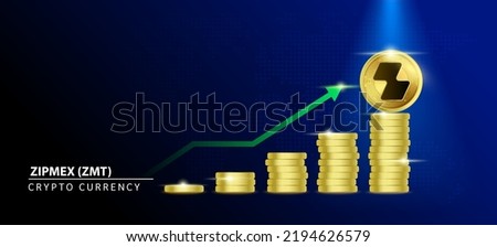 Zipmex (ZMT) Coin crypto on blue background. Stablecoin blockchain token price increase from pile of gold coins.There is space to enter message. Nice for cryptocurrency digital money concept.