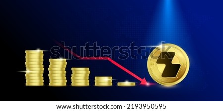 Zipmex (ZMT) on blue background. Stablecoin blockchain token price down from pile of gold coins.There is space to enter message. Nice for cryptocurrency and digital money concept.