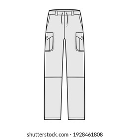 Zip-off convertible pants technical fashion illustration with low waist, high rise, box pleated cargo jetted pockets, belt loops. Flat template front, grey color style. Women, men CAD mockup