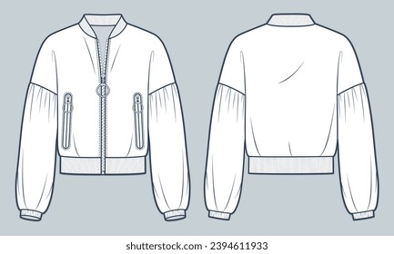 Zipped Bomber Jacket fashion flat technical drawing template. Jacket, Sweatshirt technical fashion illustration, balloon sleeve, front and back view, white, women, men, unisex CAD mockup.