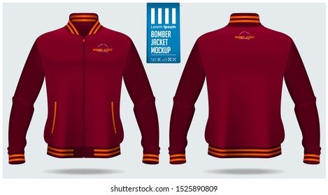 Zipped Bomber Jacket Mockup Template Design For Soccer, Football, Baseball, Basketball, Sports Team Or University. Front View And Back View For Jacket Uniform. Vector Illustration.  