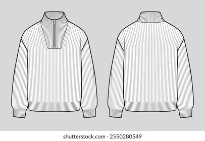 Zipped collar knit ribbed jumper. Oversized unisex casual clothing. Vector technical sketch. Mockup template.