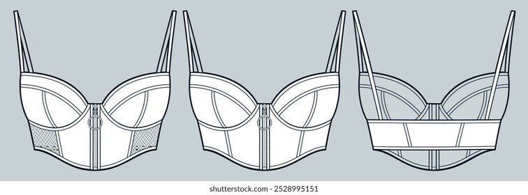 Zipped Corset Top technical fashion Illustration. Crop Top fashion flat technical drawing template, straps, cutout, slim fit, front and back view, white, women CAD mockup set.