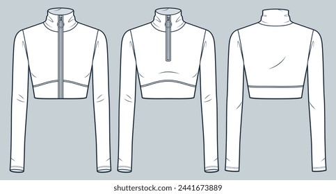 Ilustración técnica de la moda de la camisa de recorte con cremallera. Chaqueta de manga larga de moda plana plantilla de dibujo técnico, cuello redondo, ajuste delgado, vista frontal y posterior, blanco, conjunto de maquetas de CAD para mujer.