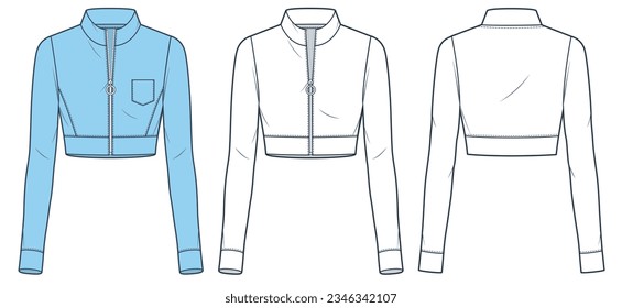 Zipped Crop Sweatshirt technical fashion illustration. Roll Neck Sweatshirt fashion flat technical drawing template, slim fit, front and back view, white, blue, women, men, unisex CAD mockup set.