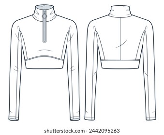 Zipped Crop Top technical fashion illustration. Long Sleeve Jacket fashion flat technical drawing template, roll neck, slim fit, front and back view, white, women, men, unisex CAD mockup.