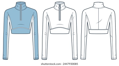 Zipped Crop Top technical fashion illustration. Long Sleeve Jacket fashion flat technical drawing template, roll neck, slim fit, front and back view, white, blue, women, men, unisex CAD mockup.