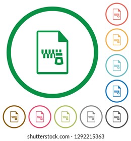 Zipped document flat color icons in round outlines on white background
