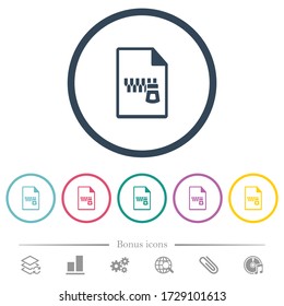 Zipped document flat color icons in round outlines. 6 bonus icons included.