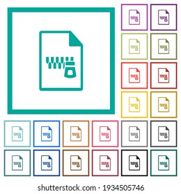 Zipped document flat color icons with quadrant frames on white background