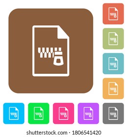Zipped document flat icons on rounded square vivid color backgrounds.