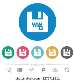 Zipped file flat white icons on round color backgrounds. 6 bonus icons included.