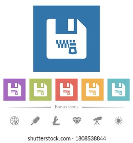 Zipped file flat white icons in square backgrounds. 6 bonus icons included.