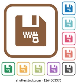Zipped file simple icons in color rounded square frames on white background
