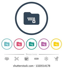 Zipped folder flat color icons in round outlines. 6 bonus icons included.