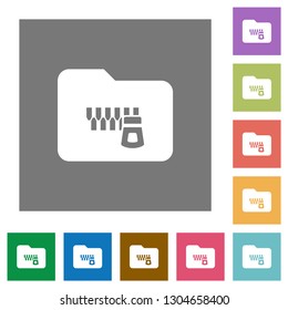 Zipped folder flat icons on simple color square backgrounds