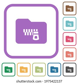 Zipped folder simple icons in color rounded square frames on white background