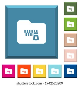 Zipped folder white icons on edged square buttons in various trendy colors