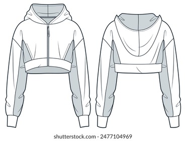 Technische Mode-Illustration mit Reißverschluss-Kapuzenpullover. Reißverschlussjacke Mode flache technische Zeichnung Vorlage, zugeschnitten, Übergröße, Front und Rückansicht, weiß, grau, Damen, Herren, Unisex Sportswear CAD Mockup.