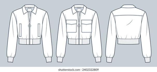 Modelo de dibujo técnico plano de la chaqueta de Zipped. Bomber Jacket ilustración técnica de moda, bolsillos, vista frontal y trasera, blanco, mujeres, hombres, conjunto de simulación CAD unisex.