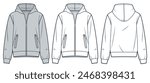 Zipped Jacket technical fashion illustration. Hooded Sweatshirt fashion flat technical drawing template, pockets, relaxed fit, front and back view, white, grey, women, men, unisex CAD mockup set.