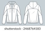 Zipped Jacket technical fashion illustration. Hooded Sweatshirt fashion flat technical drawing template, pockets, relaxed fit, front and back view, white, women, men, unisex Sportswear CAD mockup set.