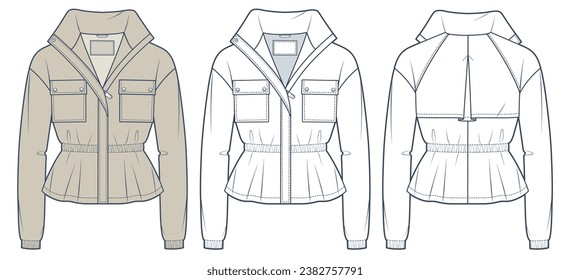 Zipped Jacket technical fashion Illustration. Cropped Trench Coat fashion flat technical drawing template, pocket, front and back view, drawstring, white,beige color, women, men, unisex CAD mockup.