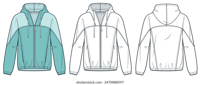 Chaqueta con cremallera ilustración técnica de moda. Sudadera con capucha, impermeable de la Plantilla de dibujo técnico plano de la moda, vista delantera y trasera, blanco, color aqua, mujeres, hombres, conjunto de maquetas de CAD de ropa deportiva unisex.