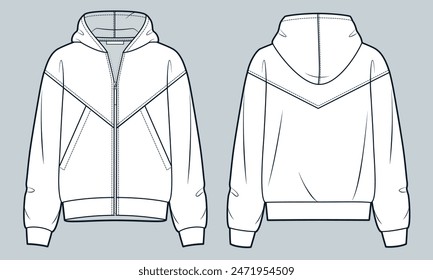 Chaqueta con cremallera ilustración técnica de moda. Sudadera con capucha de Plantilla de dibujo técnico plano de moda, bolsillos, oversize, vista frontal y posterior, blanco, mujeres, hombres, maqueta de CAD superior unisex.