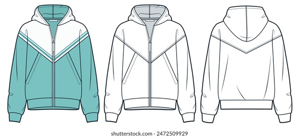 Chaqueta con cremallera ilustración técnica de moda. Sudadera con capucha de Plantilla de dibujo técnico plano de moda, bolsillos, oversize, vista frontal y posterior, blanco, verde, mujeres, hombres, unisex Top CAD conjunto de maquetas.