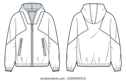 Zipped Jacket technical fashion illustration. Hooded Sweatshirt fashion flat technical drawing template, pockets, oversize, front and back view, white, women, men, unisex Top CAD mockup.