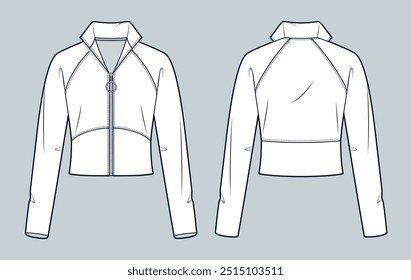 Zipped Jacket technical fashion illustration. Roll Neck Sweatshirt fashion flat technical drawing template, relaxed fit, front and back view, white, women, men, unisex CAD mockup.