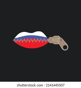 Zipped lips with colours of Russia flag. Mouth with zipper closing lips shut. Concept of shut up, keeping quiet. Ban cancel culture. Secret information.  Concept of censorship and freedom of speech.