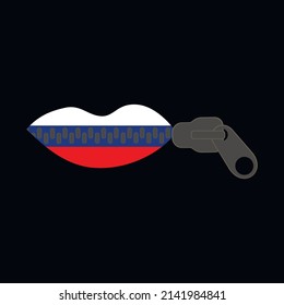 Zipped lips with colours of Russia flag. Mouth with zipper closing lips shut. Concept of shut up, keeping quiet. Ban cancel culture. Secret information. Concept of censorship and freedom of speech.