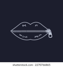 Zipped lips. Shut-up icon closed mouth, violence concept silence drawing female lip on zipper lock, quiet expressive logo zip fastener woman keep secret vector illustration of quiet zip and mute