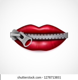 Zipped mouth closeup realistic symbolic image of red glossy lips sealed with metal zip fastener vector illustration