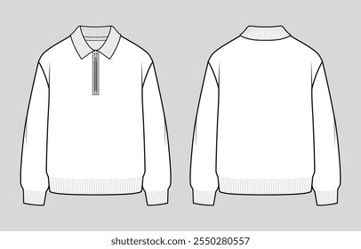 Zipped polo knit jumper. Oversized unisex casual clothing. Vector technical sketch. Mockup template.