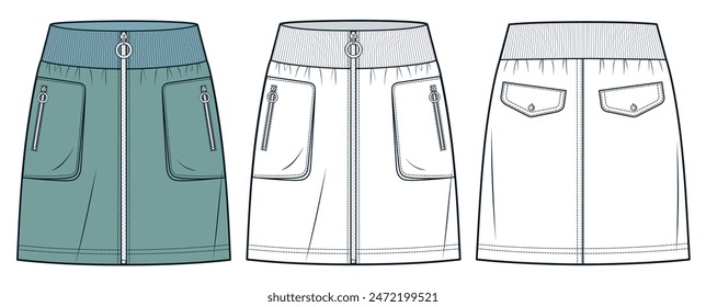 Zipped Skirt technical fashion illustration. Denim mini Skirt fashion flat technical drawing template, knee silhouette, pockets, elastic waistband, front, back view, white, green, women CAD mockup set