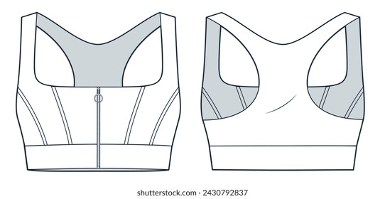 Sujetador deportivo con cremallera ilustración de moda técnica. Plantilla de dibujo técnico plano de moda Crop Top, cremallera frontal, ajuste delgado, vista frontal y posterior, blanco, mujeres Activewear Maqueta CAD.