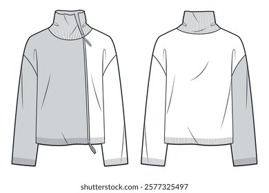 Zipped Sweater Cardigan technical fashion illustration. High-Neck Sweatshirt fashion flat technical drawing template, relaxed fit, front and back view, white, grey, women, men, unisex CAD mockup.