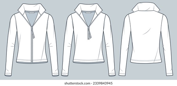 Zipped Sweatshirt technical fashion illustration. Roll Neck Sweatshirt fashion flat technical drawing template, long sleeve, slim fit, front and back view, white, women, men, unisex CAD mockup set.