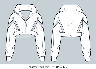 Zipped Sweatshirt technical fashion illustration. Roll Neck cropped Sweatshirt fashion flat technical drawing template, oversized, front and back view, white color, women, men, unisex CAD mockup.